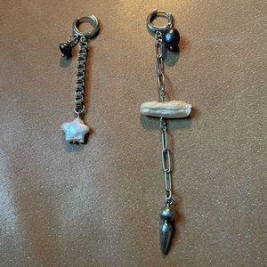 Asymmetrical freshwater pearl chain hoop earrings silver blue white beach spike